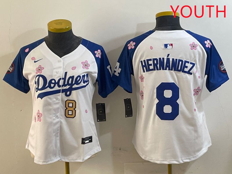 Youth Los Angeles Dodgers #8 Hernandez White Blue Sakura Edition 2025 Nike MLB Jersey style 8